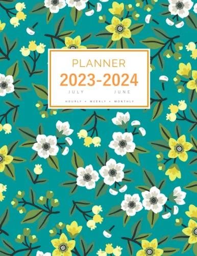 Planner July 2023-2024 June: 8.5 x 11 Large Notebook Organizer with Hourly Time Slots | Spring Summer Small Flower Design Teal Tapa blanda – 9