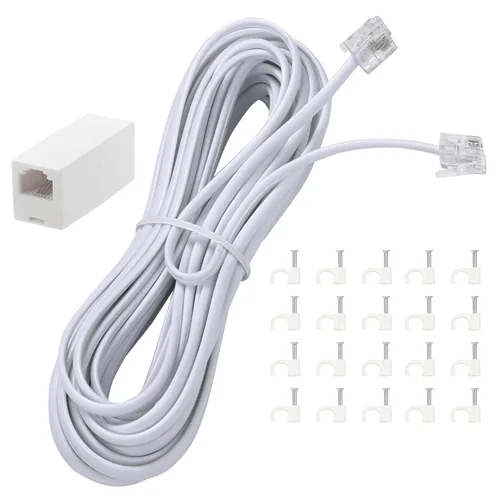 Vista 12 de Cable de extensión de teléfono de 100 pies de largo, con enchufe RJ11 estándar y 1 acoplador en línea y 35 soportes de clip para cables, color blanco