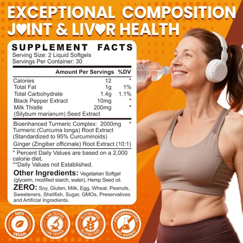 Vista 2 de Cápsulas blandas de curcumina de cúrcuma 5 en 1, 2000 mg con extracto de semilla de cardo mariano y pimienta negra, raíz de jengibre, soporte