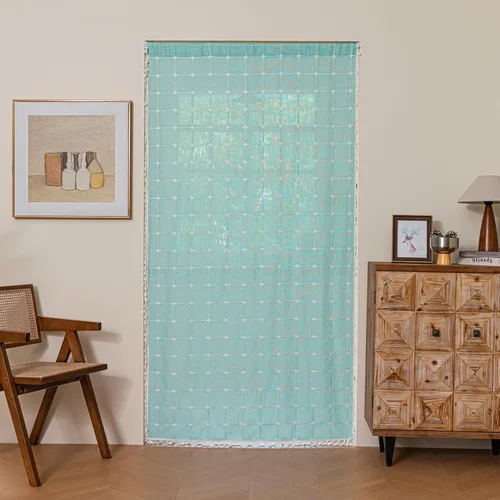 Vista 4 de Sutuo Home Cortinas de puerta francesa para puerta de patio, cortinas de lino semiopacas bohemias con borlas, tiras de granja a cuadros, decoración