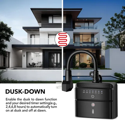 Vista 4 de BN-LINK - Temporizador de luz para exteriores, controlador impermeable de atardecer a amanecer con 2 tomas de tierra para luces de cadena de Navidad