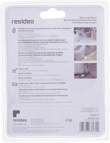 Vista 5 de Resideo RWD21 Alarma de fugas de agua reutilizable, color blanco