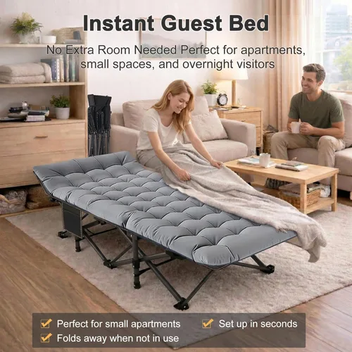 Vista 7 de ABORON Catre de campamento para adultos de 28" extra ancho, resistente 1200D Oxford para dormir, cama de campamento plegable portátil con colchoneta