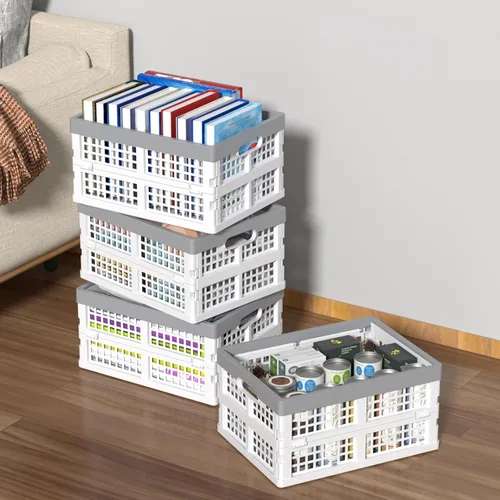 Vista 6 de Cajas plegables de plástico de 15 litros, cesta de almacenamiento plegable, paquete de 4