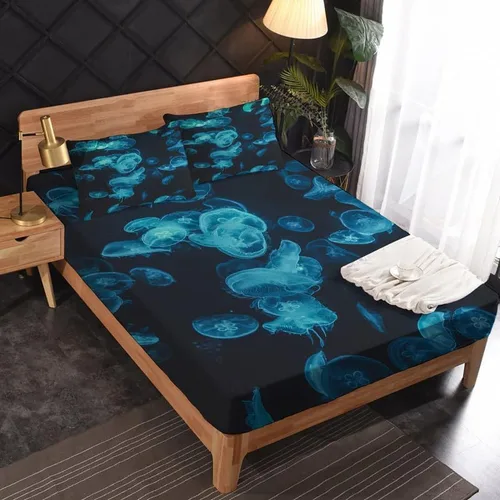 Vista 2 de Juego de sábanas de tamaño King Sábanas de medusa, sábanas y fundas de almohada de animales marinos, microfibra suave, bolsillo profundo y sin