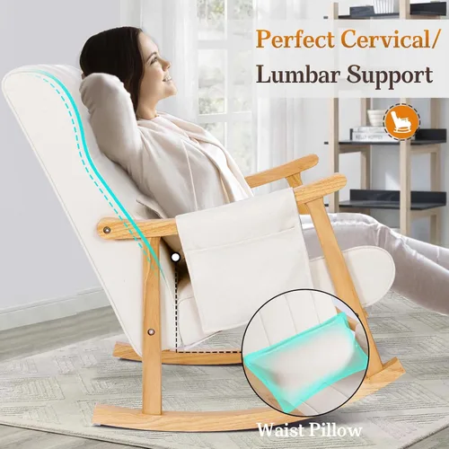 Vista 4 de NOBLEMOOD Mecedora tapizada con otomana, moderna silla mecedora para habitación del bebé, sillón de madera maciza con respaldo alto con asiento