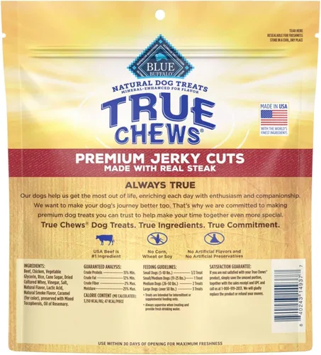 Vista 2 de Blue Buffalo True Chews Premium Jerky Cuts - Golosinas para perros, fabricadas en los Estados Unidos con ingredientes naturales, carne de res, bolsa