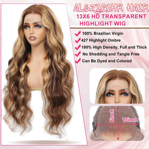 Vista 3 de ALSZIQIHR Pelucas de cabello humano ondulado con encaje frontal, prearrancado con abuelitos, rubio miel, ondulado, 13 x 6 pulgadas, HD