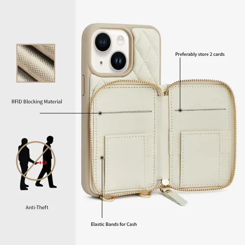 Vista 3 de LAMEEKU Funda tipo cartera diseñada para iPhone 14 con tarjetero y cadena cruzada para mujer, funda RFID a prueba de golpes, compatible con iPhone