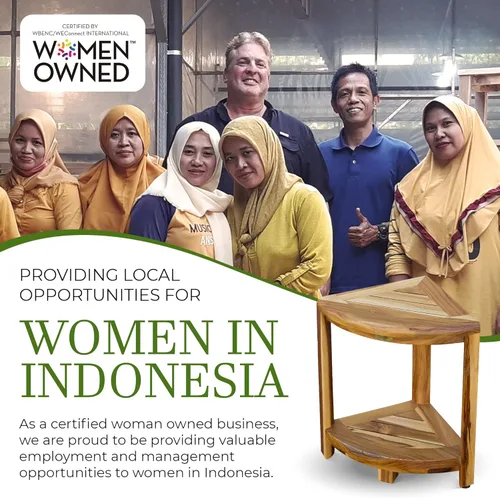 Vista 3 de Esquinero earthyteak . Totalmente montado. Esquinero de 2 niveles, de teca compacta. Banco de pie para ducha con estante. Almacenamiento para ducha.