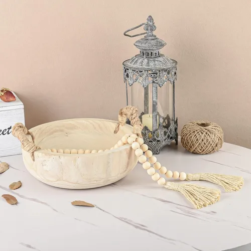 Vista 5 de Paulownia - Cuenco de madera para decoración – Rústico redondo para llaves con mango de cuerda y guirnalda de cuentas de madera – Centro de mesa