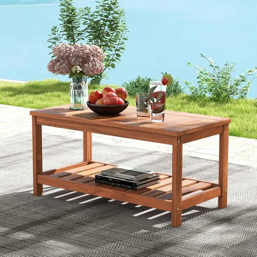 Vista 9 de Tangkula Mesa de centro de madera para exteriores, mesa de centro de patio de 2 niveles con mesa de madera dura de listones y estante