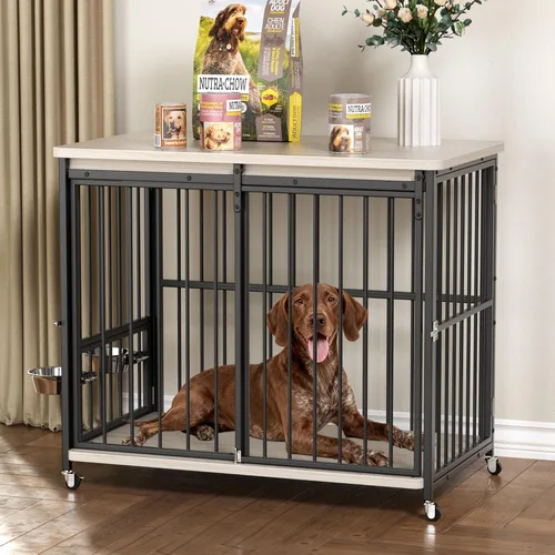 Vista 11 de Muebles de Jaula para Perros, Perrera de Madera de 32'' para Interiores con Puerta Frontal Deslizante, Aberturas Multi-Laterales y Ventana