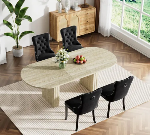 Vista 21 de Pvillez Extendable Dining Table Set of 8, Black Oval Dining Room Table & 8 Black Velvet Dining Chairs with Wood Leg, 62.99"-78.74" Kitchen Table and