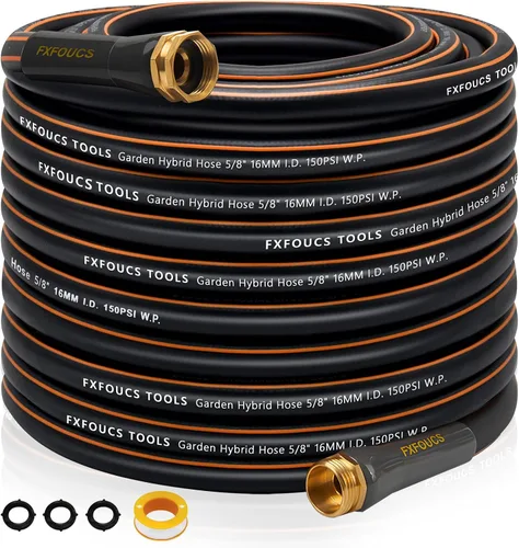 Manguera de Jardín de Servicio Pesado – Manguera Híbrida Flexible y Ligera de 5/8 Pulgadas con Presión de Ruptura de 600 PSI, Mango Giratorio y Negro