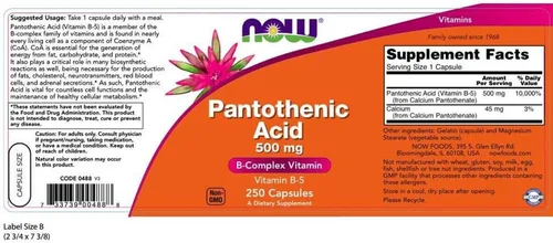 Vista 2 de Now Foods Ácido pantoténico 500 mg, 250 cápsulas (paquete de 2)