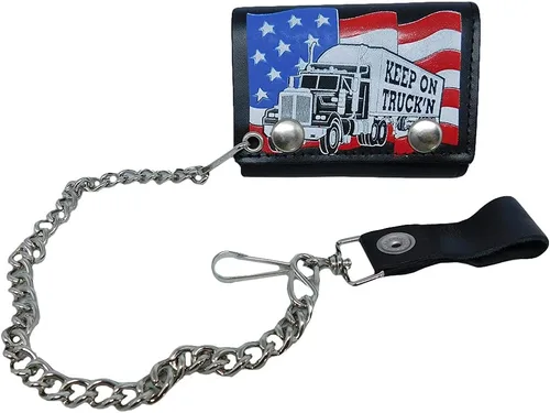 Keep On Truck'n USA Flag Mack Truck - Cartera de piel auténtica con cadena (4 pulgadas), Negro -, Cartera con cinturón