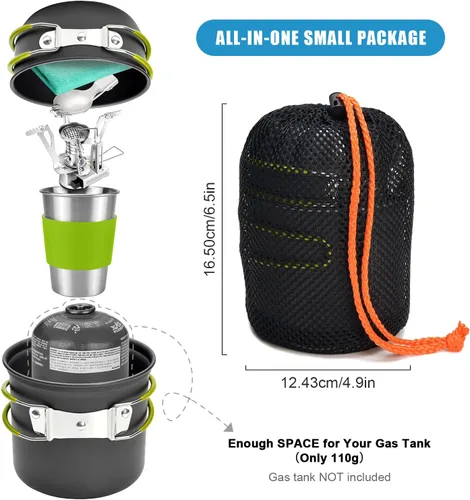 Vista 2 de Odoland Utensilios de cocina para camping con estufa, mosquetón, soporte para cartucho trípode y taza de acero inoxidable, soporte para tanque, kit