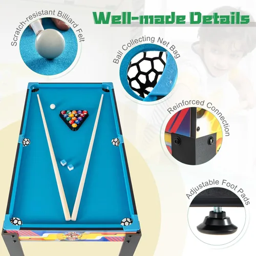 Vista 8 de GYMAX Mesa de juego múltiple 12 en 1, mesa de juego combinada de 48 pulgadas con billar, futbolín, ping pong, hockey, tejo, bolos, ajedrez, damas