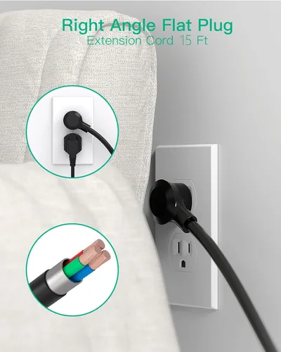 Vista 4 de Cable de extensión de 15 pies 8 salidas con protector de sobretensiones con puertos USB, cable de extensión trenzado resistente, enchufe plano