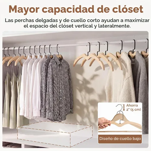 Vista 5 de StorageWorks Perchas de madera, paquete de 12, ganchos sin golpes que Color de madera natural