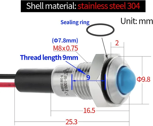 Vista 4 de 8 mm 0.31" Mini Luz Indicadora Impermeable IP67 Señal de Lámpara de Metal Cúpula de Acero Inoxidable 12V-24V CC/CA Luz Piloto LED con Cable de 140 mm