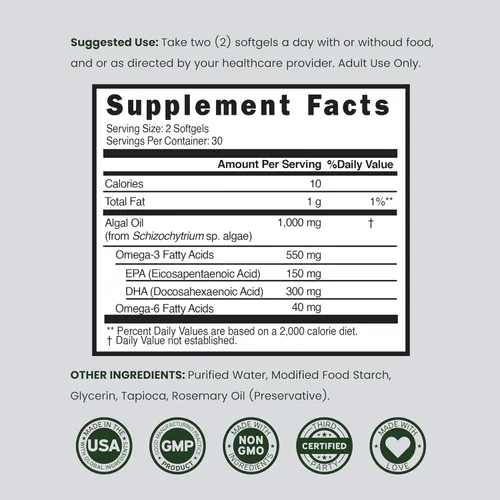 Vista 6 de Aceite de algas vegano Omega 3 (60 cápsulas blandas) DHA EPA a base de plantas, de origen sostenible, sin carragenina, sin OMG, salud del corazón