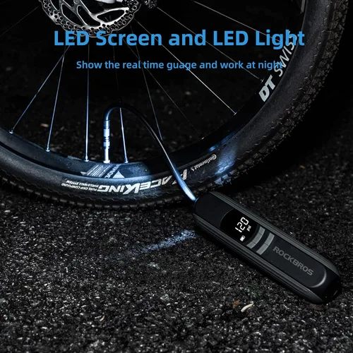 Vista 5 de ROCKBROS Bomba eléctrica para bicicleta, inflador de neumáticos de 150 psi, compresor de aire portátil, bomba de aire recargable de 2600 mAh