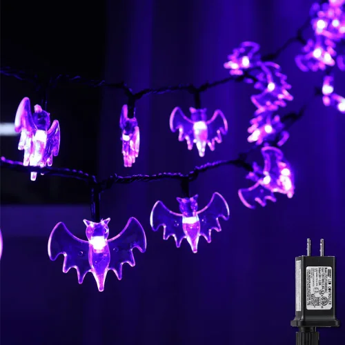 RECESKY Guirnalda de 70 luces LED de murciélagos – Cadena de luces moradas de Halloween de 22.6 pies con temporizador automático, extensible, 8