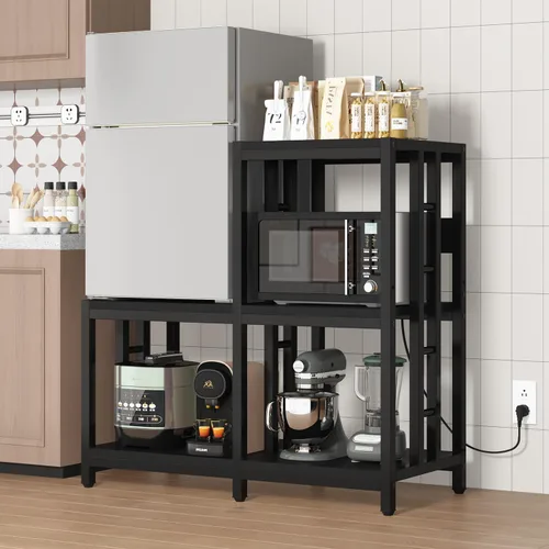 Vista 3 de Mini soporte para refrigerador con almacenamiento con toma de corriente, soporte para horno de microondas, estante para panaderos con estante
