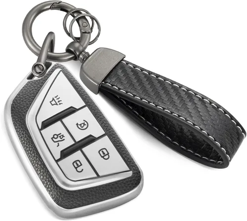 Funda para llavero de Cadillac con llavero de cinturón estilo fibra de carbono, funda de grano de superficie TPU mejorada para CT4 CT5 CT6 XTS XT4