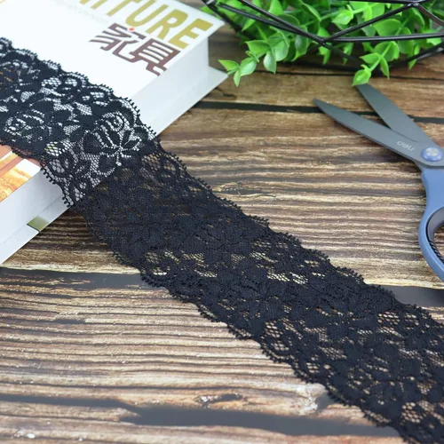 Vista 6 de 2.4 pulgadas (6 cm) x 10 yardas de cinta de encaje negra, ribete de encaje para coser, tela de encaje elástica y estirable, perfecta para ['Negro']