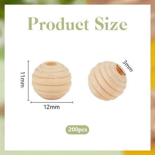 Vista 2 de OLYCRAFT 200 cuentas de madera roscadas de 0.472 in, cuentas de colmena redondas sin teñir de madera sin teñir, cuentas espaciadoras de colmena