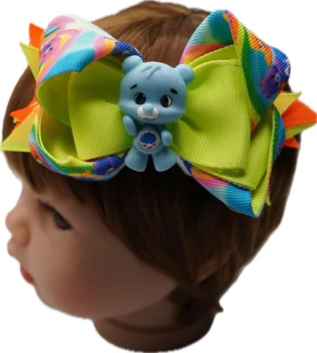 Bow made of double grosgrain ribbon in complementary colors main color lime green handmade porcelain teddy bear