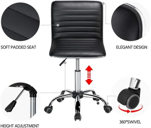 Vista 4 de Yaheetech Silla de escritorio ajustable de trabajo de piel sintética con respaldo bajo acanalado, sin reposabrazos, giratoria, negra, con ruedas
