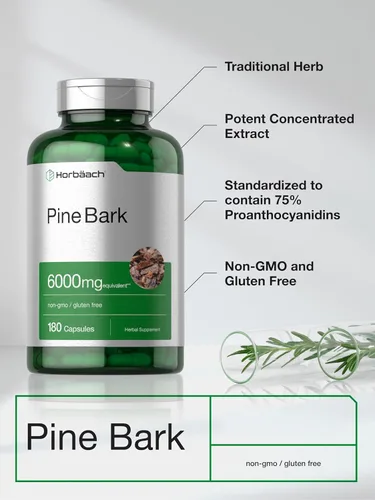 Vista 4 de Horbäach Extracto de corteza de pino 180 cápsulas Estandarizado para contener 75% de proantocianidinas Suplemento sin OMG, sin gluten Alta