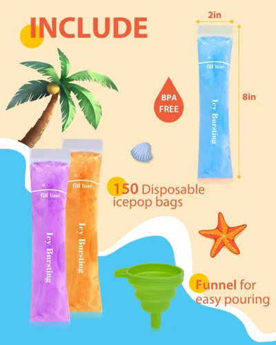 Vista 2 de 150 bolsas desechables para moldes de paletas de hielo (8 x 2 pulgadas) para aperitivos de frutas naturales, jugos y batidos, moldes de paletas