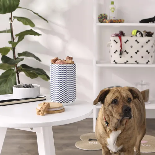 Vista 4 de Bone Dry Recipiente de cerámica Chevron para golosinas para mascotas con tapa de bambú, almacenamiento apto para lavavajillas, mantiene