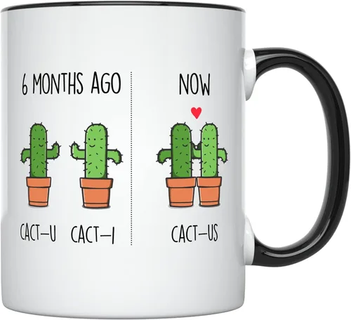 YouNique Designs Taza de 6 meses, 11 onzas, Divertido 6 Taza de café de meses para novio y novia, Taza de aniversario de citas (mango negro)