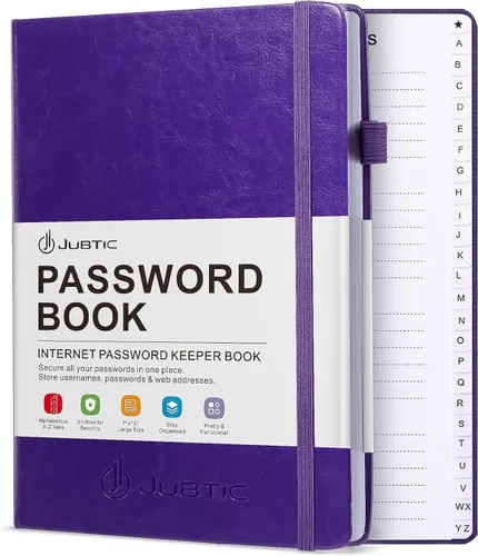 Vista 18 de JUBTIC Libro de contraseñas con pestañas alfabéticas, pequeña libreta de contraseñas con bolsillo interior, registro de inicio de sesión