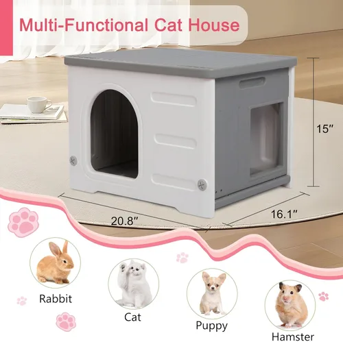 Vista 6 de Rockever Casa de plástico para gatos al aire libre con puerta de escape, casa impermeable para gatos ferales al aire libre e interior, casa