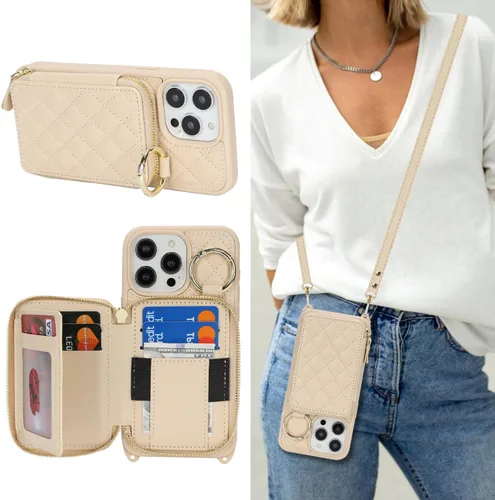 Vista 37 de Funda tipo cartera con bandolera para iPhone 15 Pro Max, funda de piel sintética con cierre de cremallera, funda tipo atril con ranuras para Oro Rosa