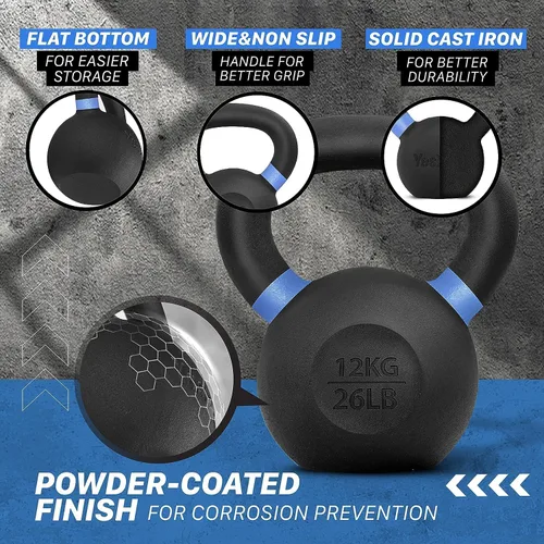 Vista 3 de Yes4All Powder Coated Kettlebell, Cast Iron Core Kettlebells with Non-Slip Handle & Flat Bottom for Conditioning, Heavy Duty for Strength Training
