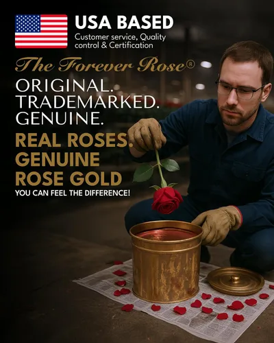 Vista 3 de Forever Rose Rosa real sumergida en oro rosa, hecha a mano preservada en jarrón de corazón de acrílico y caja de regalo dorada de lujo, regalo