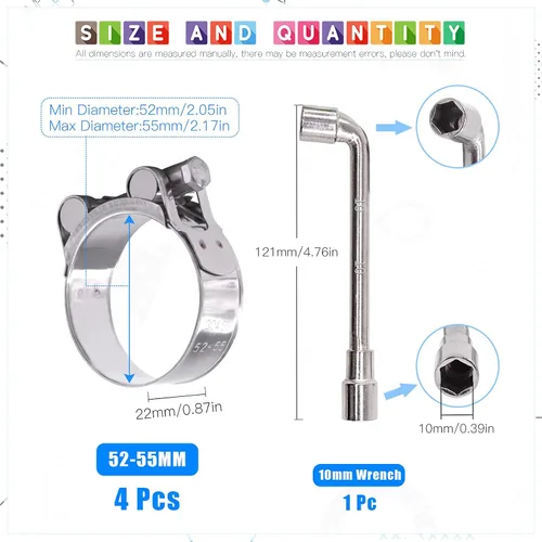 Vista 2 de Glarks 4 abrazaderas de manguera con perno en T de 2.047-2.165 in, acero inoxidable 304, abrazaderas de tubo ajustables para manguera de rango de 2