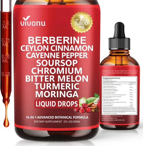 Berberina 14 en 1 con suplemento de canela de Ceilán, gotas líquidas, 1800 mg + liposomal 30:1 con pimienta de cayena, guanábana, melón amargo de