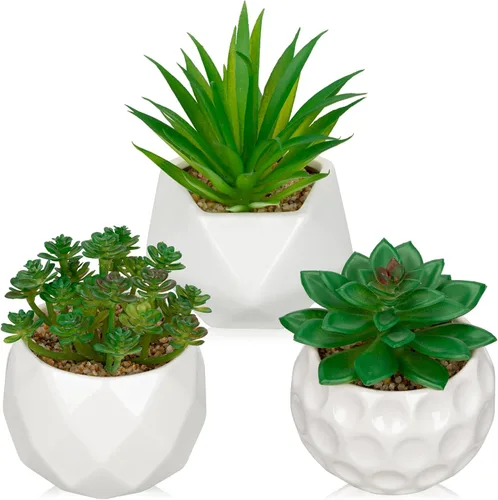 Vista 11 de Briful Plantas suculentas artificiales en maceta de cerámica, suculentas falsas con macetas negras, decoración moderna de escritorio para el hogar