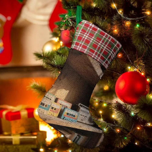 Vista 7 de Retro Cassette Tape Christmas Stocking 13.2in, Glitter Sequins Xmas Stocking with Hanging Loop, Fun Gift Bag for Holiday Party Decor, One