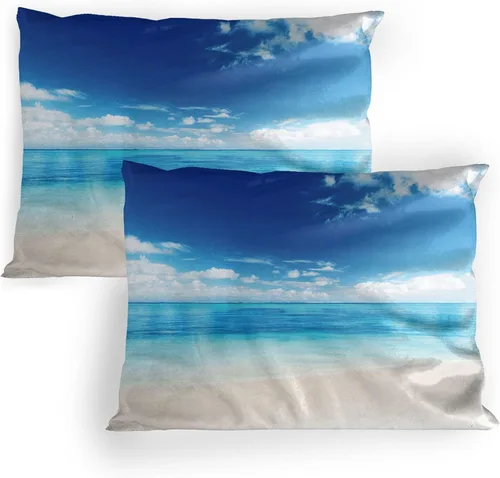 Vista 11 de Lunarable Ocean Pillow Sham Set of 2, Sunset at a Smooth Sandy Beach with Small Wave and Bubbles from The Sea, Quality Microfiber Bedding Item for