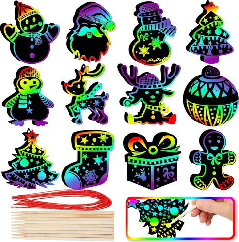 JOYIN 120 piezas de adornos de arte de rascar navideños, kit de manualidades de papel de rascar de color arco iris, adorno navideño para colgar, kit